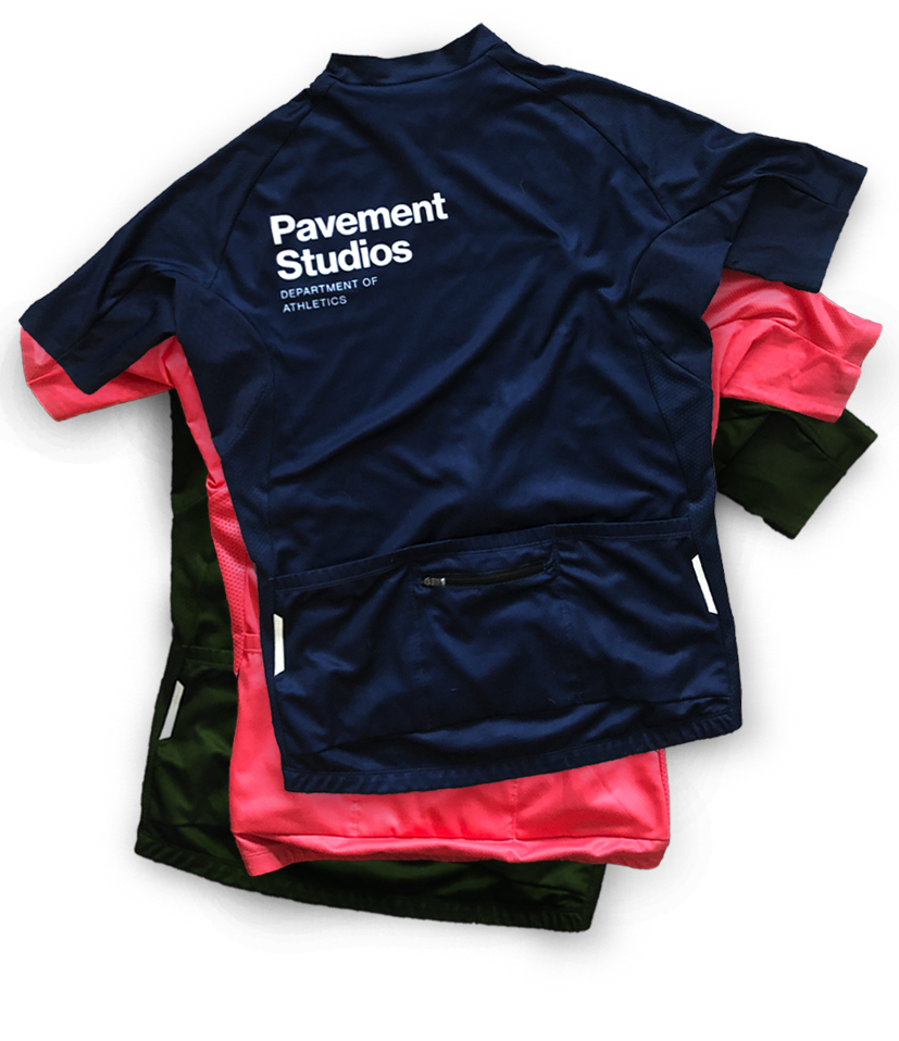 Pavement Studios cycling jerseys in Deep Sea (navy), Coral and Soft Racing Green